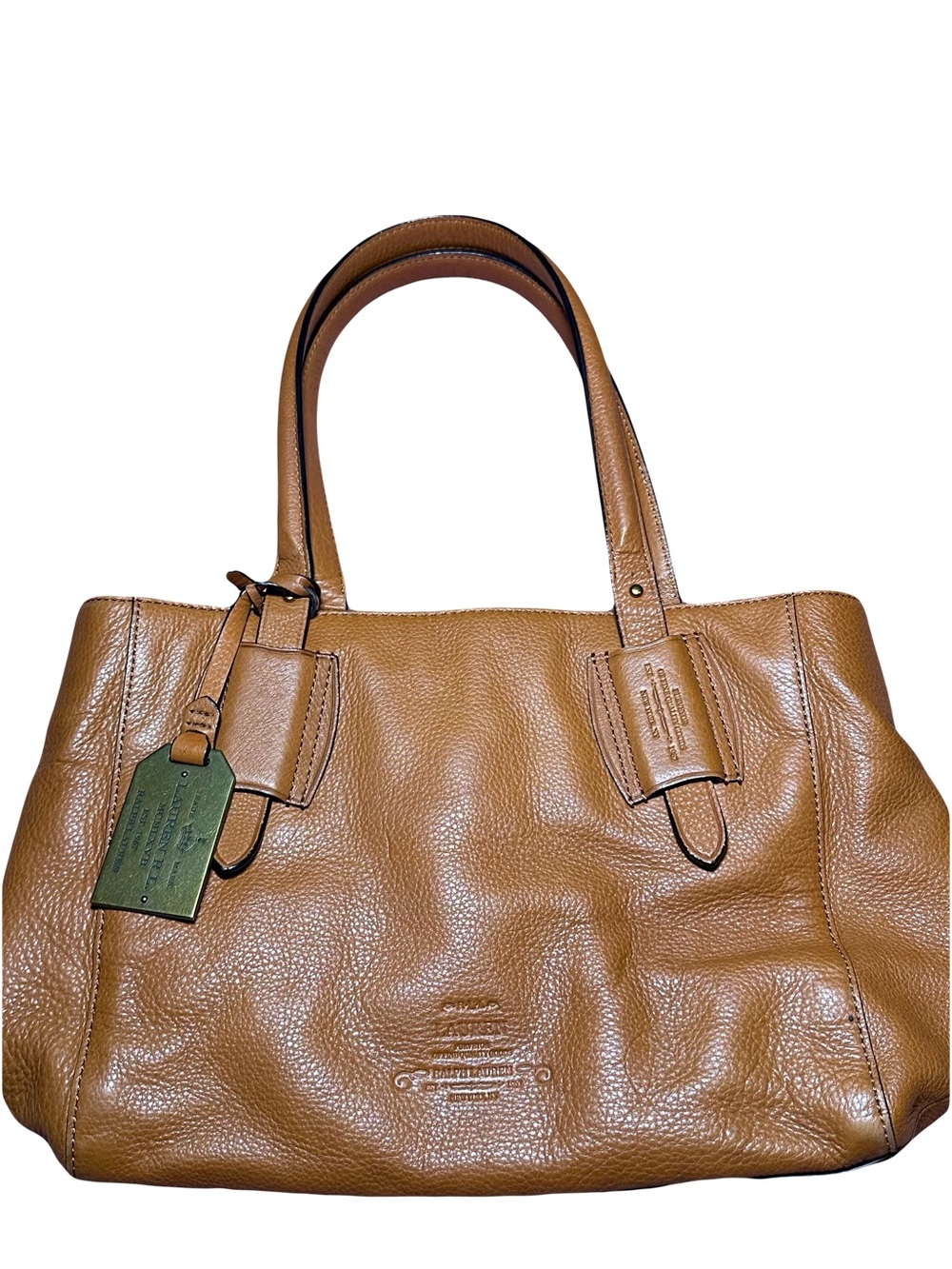 Ralph Lauren Cognac Leather Tote with Green Luggage Tag